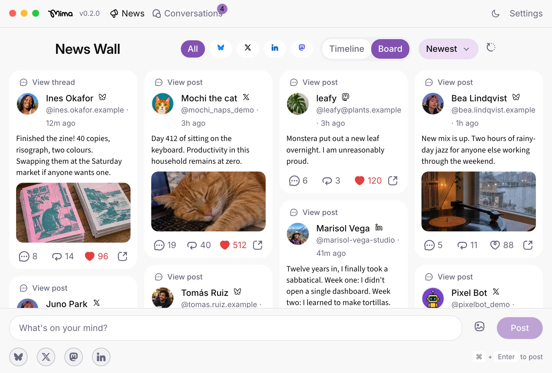 News Wall board: posts and photos from friends on Bluesky, X, LinkedIn and Mastodon in one wall