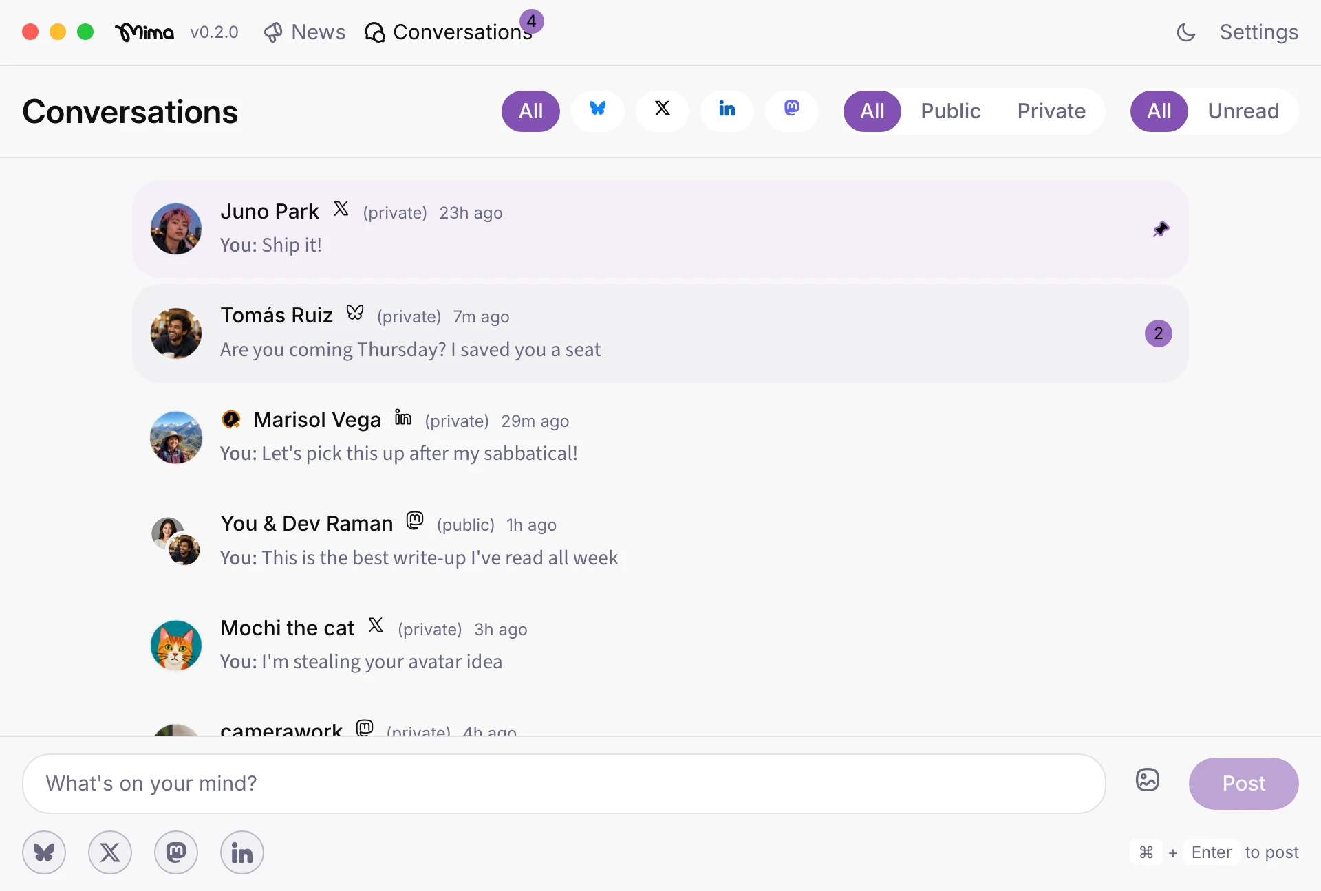 Conversations: DMs and mentions from every network, with a pinned chat, an unread chat and a reminder